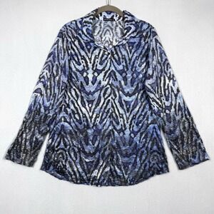 David Cline Top Womens XL Snap Front Blouse Artsy Abstract Animal Print USA Made